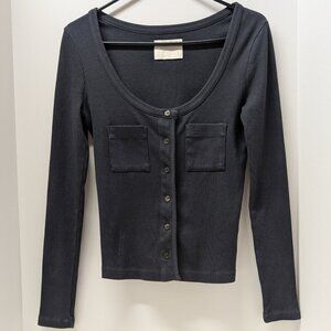 Citizens Of Humanity Ribbed Deep Scoop Neck Button-Down Top in Dark Char…